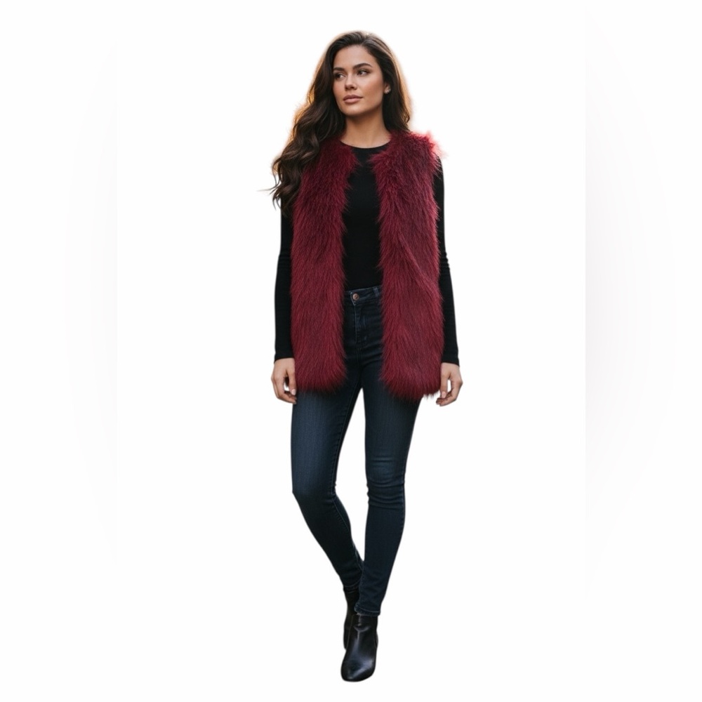 Hippie Rose Burgundy Faux Fur Vest Sz M luxury